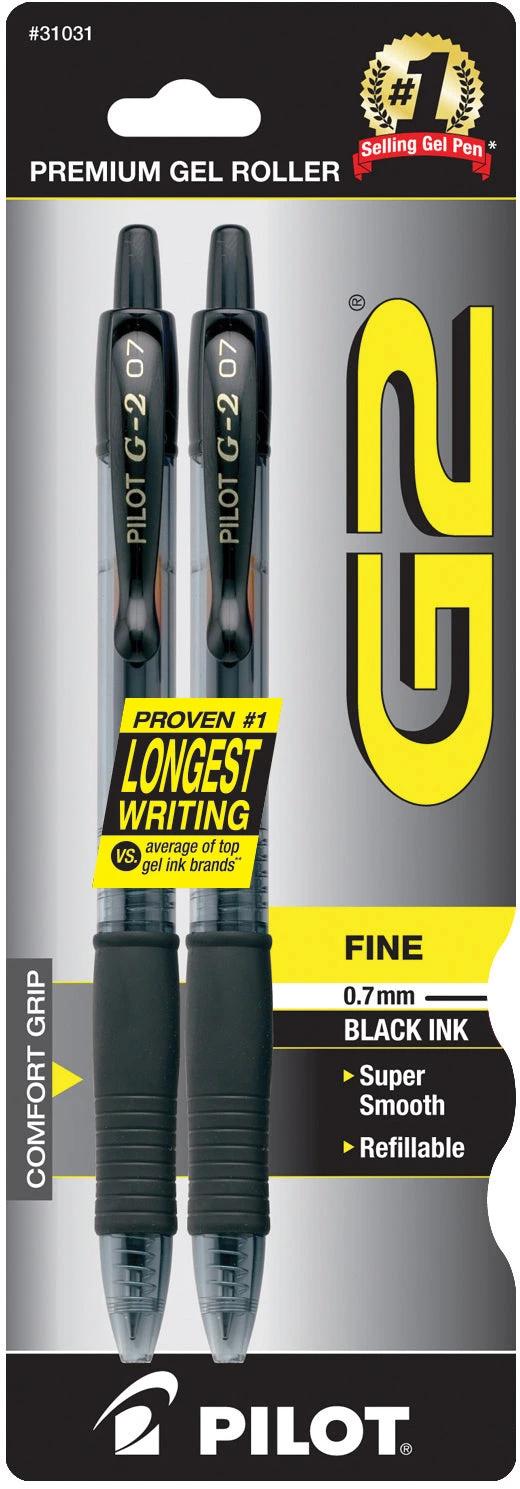Pilot G2 Retractable Gel Ink Black 2 Pack - 0.7mm