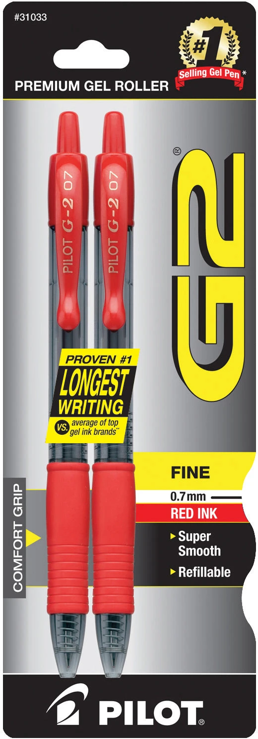 Pilot G2 Retractable Gel Ink Red 2 Pack - 0.7mm