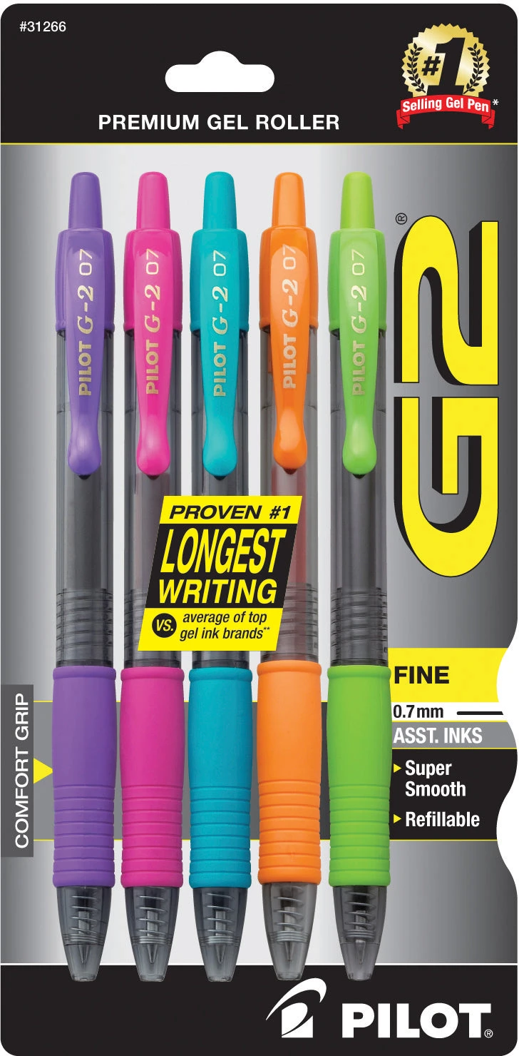 Pilot G2 Retractable Gel Ink 5 Pack - 0.7mm