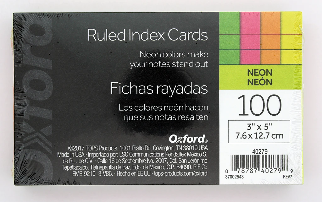 Tops Oxford Neon Index Cards - 3in x 5in - Assorted Colors