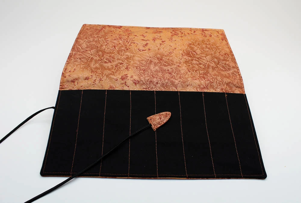 Handmade Pen Roll - Tan and Gold Metallic Fabric